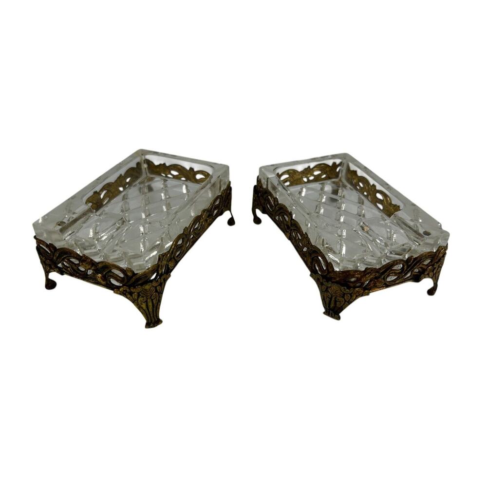 2 Vintage Glass Crystal And Gold Toned Metal Ashtrays Hollywood Regency Style